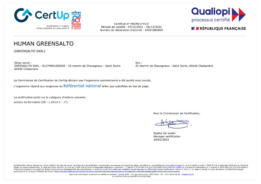 Certificat Qualiopi décerné à Greensalto en 2021